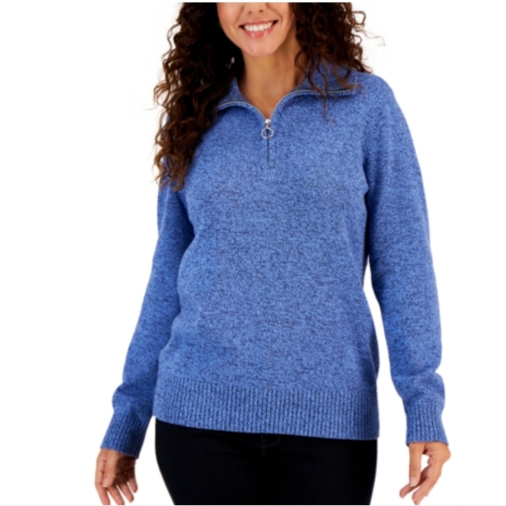 Karen Scott Blue Knit Quarter Zip Sweater Pullover Heather 100% Cotton Top Large